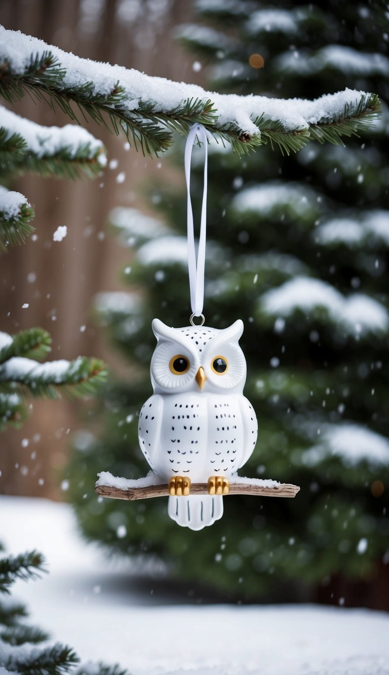 A snowy owl ornament hangs from a snowy tree branch amidst a winter wonderland