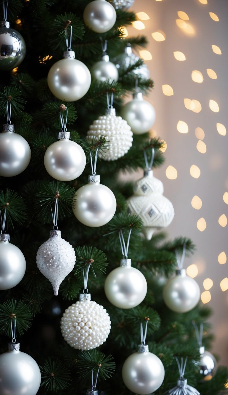 A beautifully decorated Christmas tree adorned with 22 white pearl baubles of varying sizes and designs