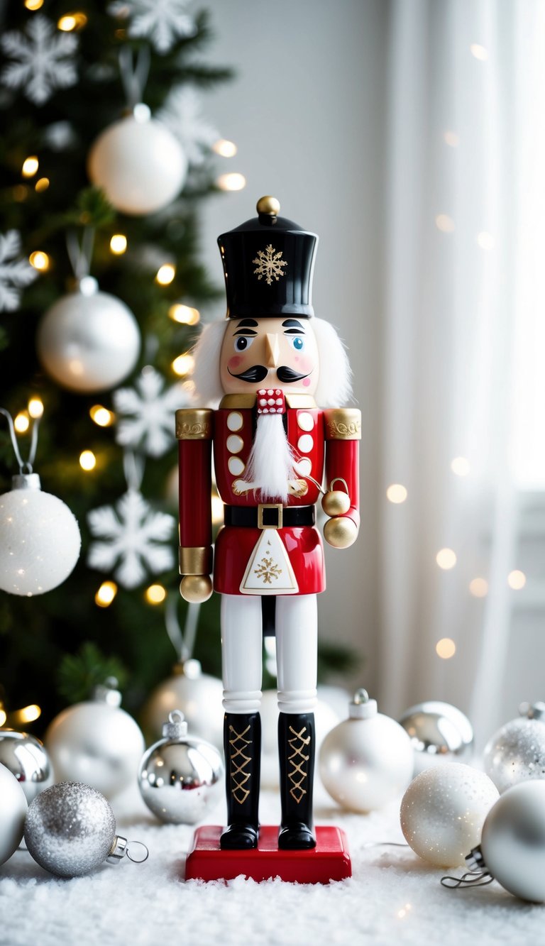 A porcelain nutcracker stands amidst a winter wonderland of white Christmas decor, including snowflakes, ornaments, and twinkling lights