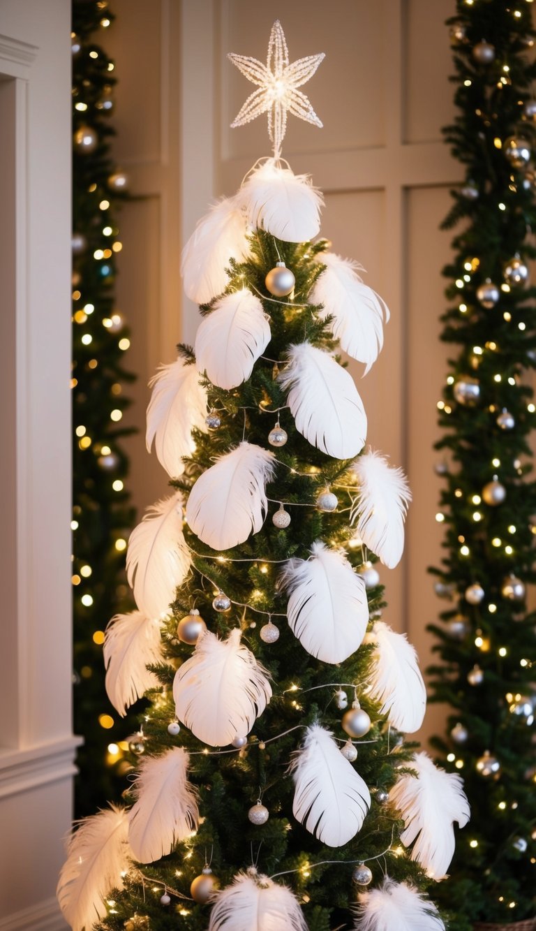 A tall, slender tree adorned with delicate white feathers, sparkling ornaments, and twinkling lights, creating a serene and elegant Christmas display