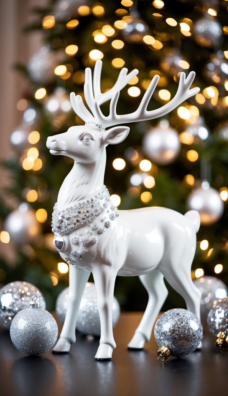 A majestic ivory reindeer figurine surrounded by sparkling white Christmas decorations