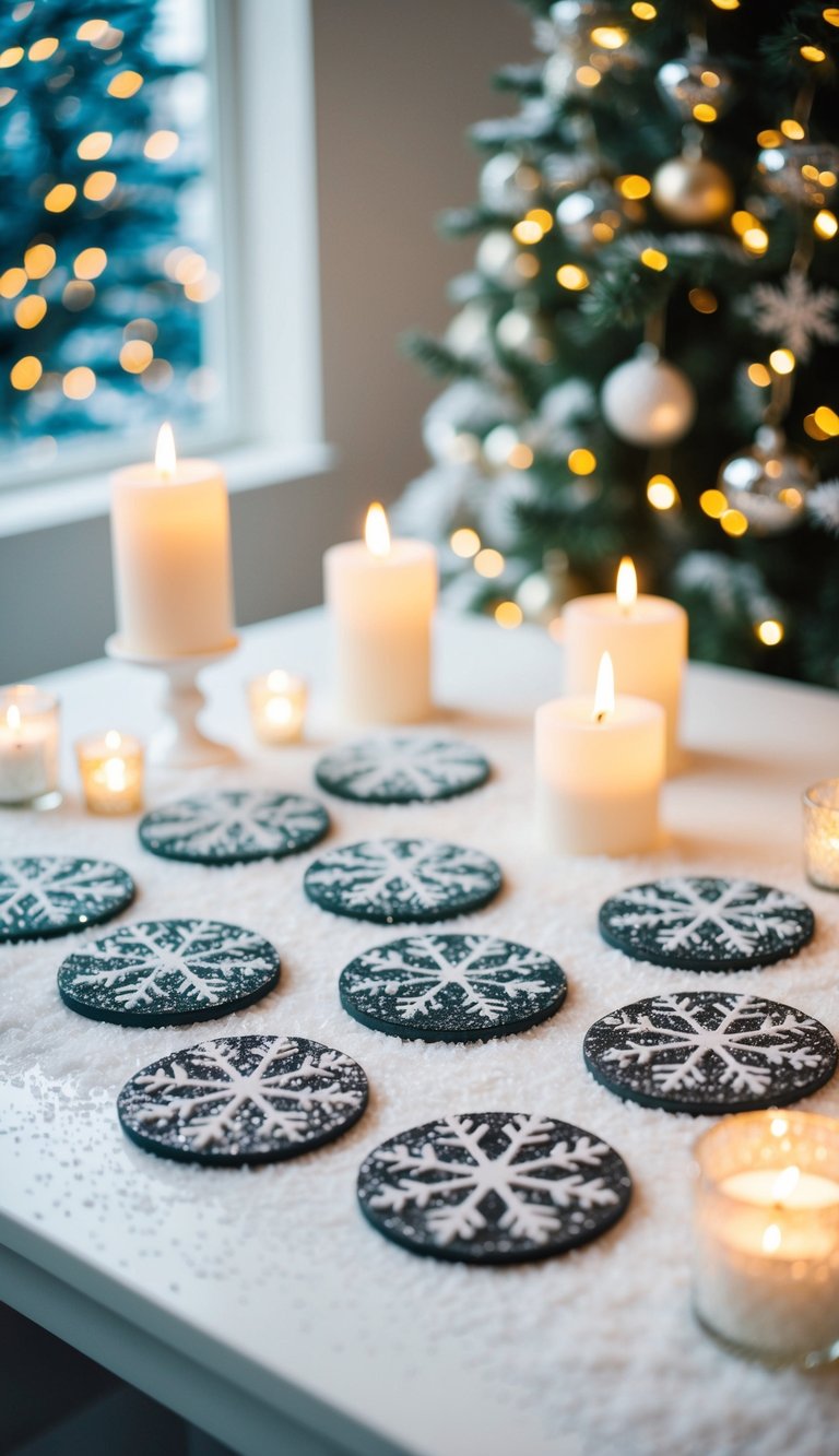 A set of glittery snowflake coasters arranged on a snowy white table, surrounded by twinkling Christmas decorations and soft candlelight