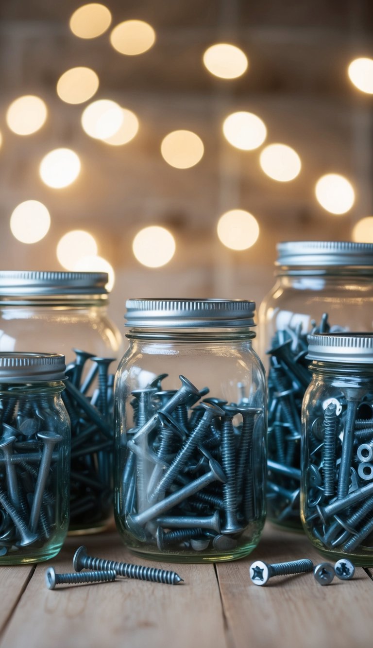 A collection of glass jars filled with nails and screws in various sizes and shapes, arranged in different creative ways