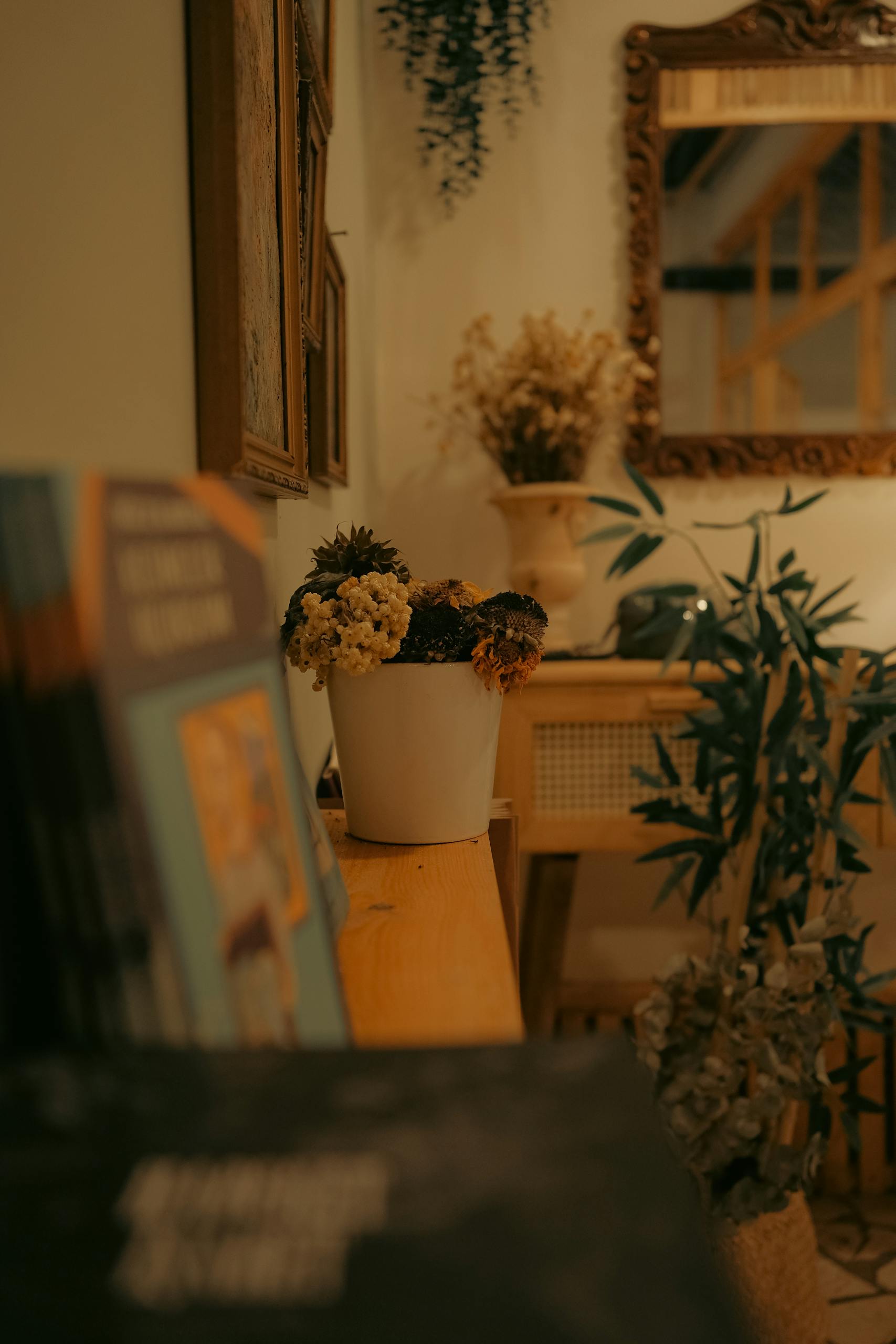 A cozy rustic room featuring a flower pot, mirrors, and interior plants creating a warm atmosphere.