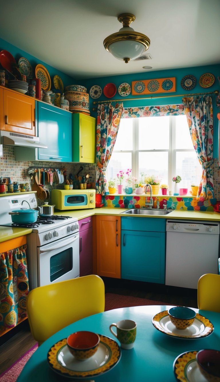 A colorful kitchen filled with retro appliances, quirky knick-knacks, and vibrant patterns on curtains and dishware