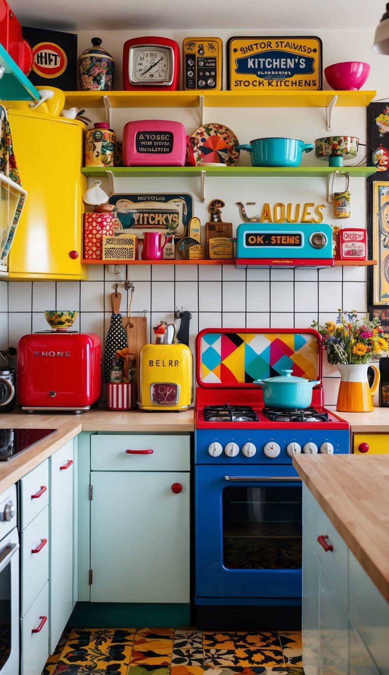 A kitchen with bright, mismatched colors, retro appliances, quirky knick-knacks, and vintage signage. A mix of patterns, bold prints, and playful decor elements