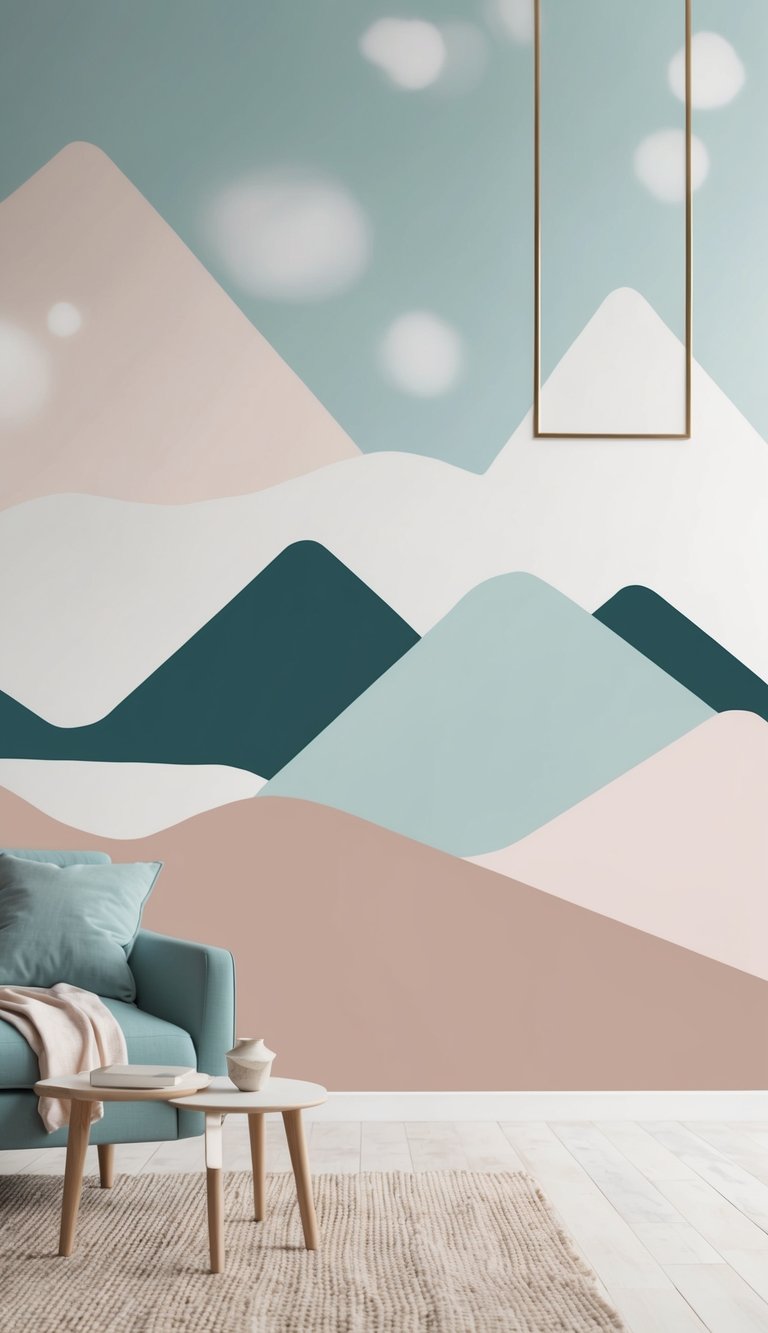 A serene landscape of abstract mountains in soft pastel hues, with minimalistic design elements and clean lines, creating a tranquil and modern atmosphere for a Scandinavian style home