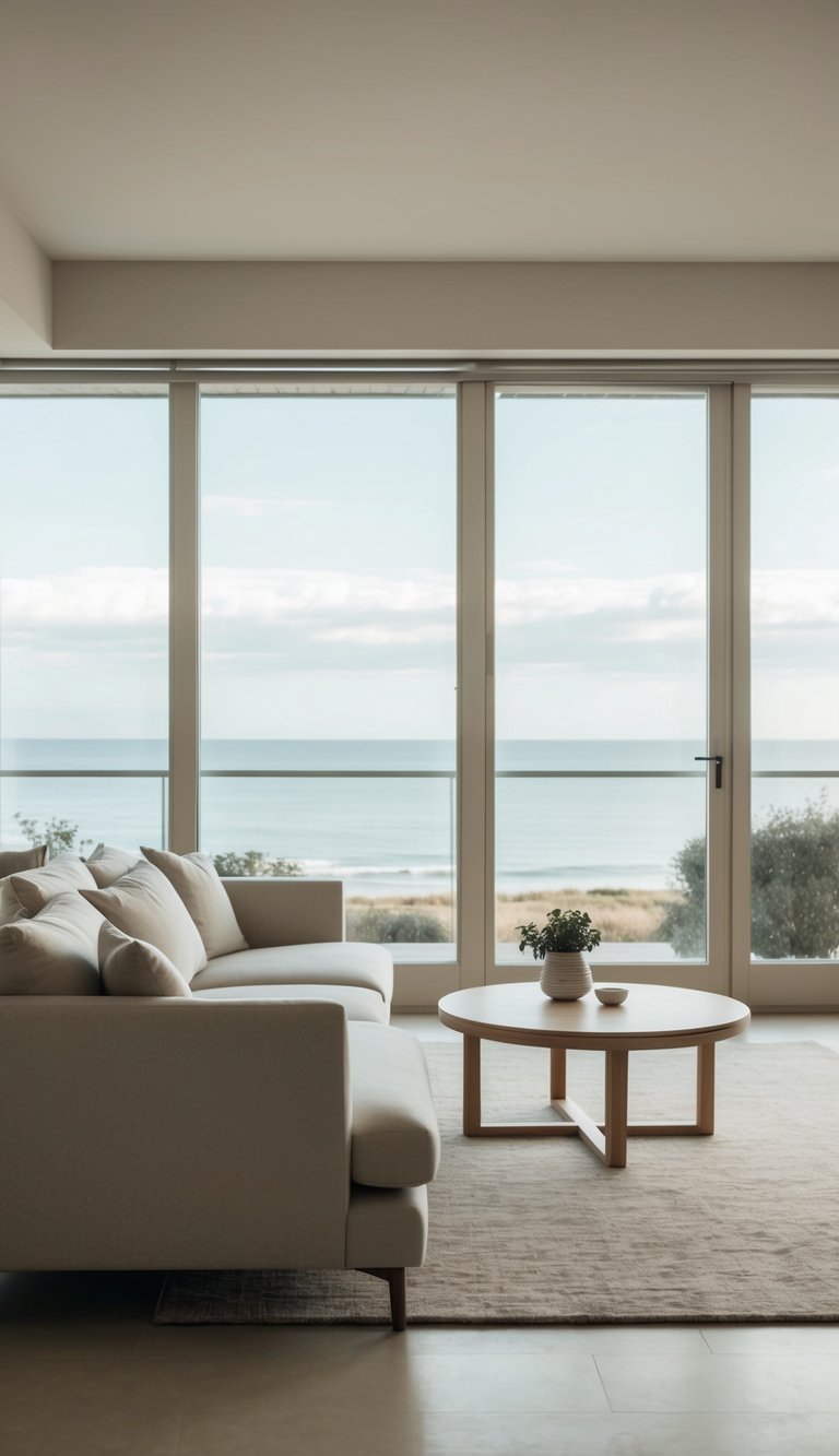 A cozy living room with minimalist furniture, soft neutral tones, and large windows overlooking a serene seaside landscape