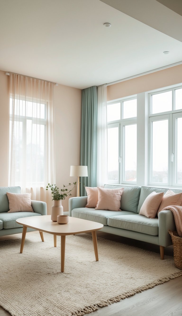 A cozy living room with light pastel shades, minimalist furniture, and natural light streaming in through large windows