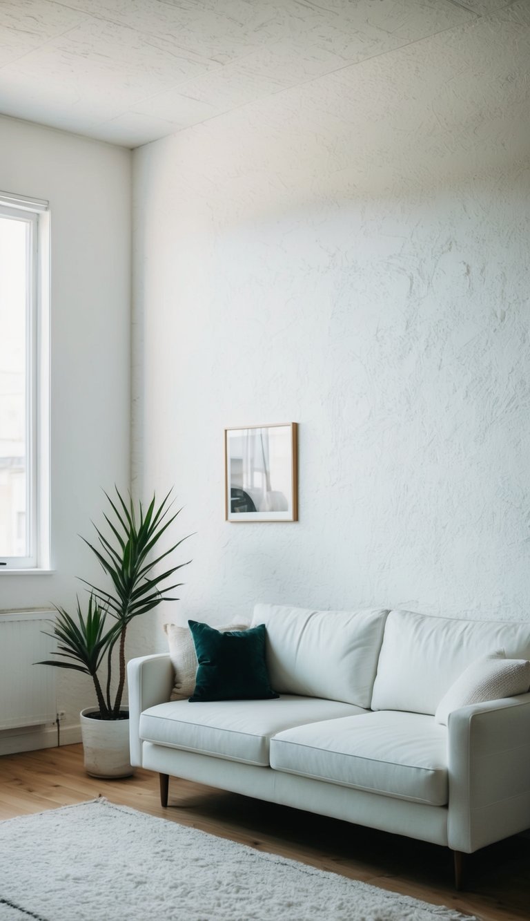 A cozy living room with a sleek white sofa, textured white walls, and a few simple, modern decor pieces. A large window lets in natural light, and a potted plant adds a touch of greenery