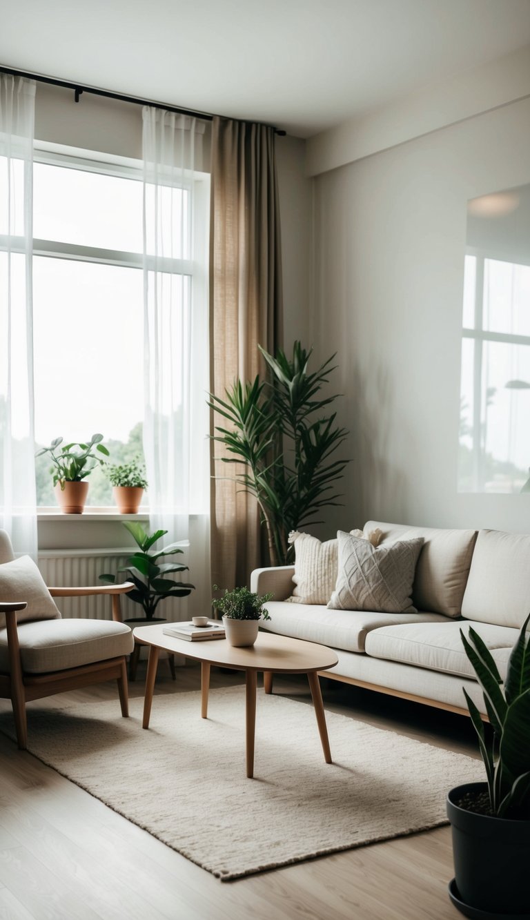 A cozy living room with neutral-toned furniture, a large window with sheer curtains, and potted plants. Wood accents and simple, clean lines complete the Scandinavian style