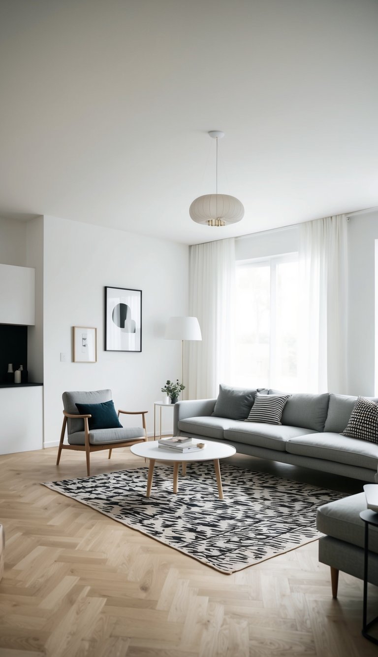 A minimalist living room with geometric patterns and simple furniture, featuring clean lines and shapes, in a Scandinavian style home