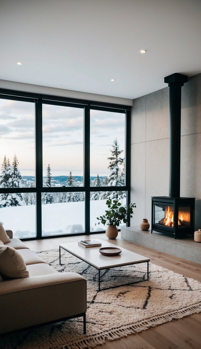 A cozy living room with minimalist furniture, a roaring fireplace, and large windows overlooking a snowy landscape