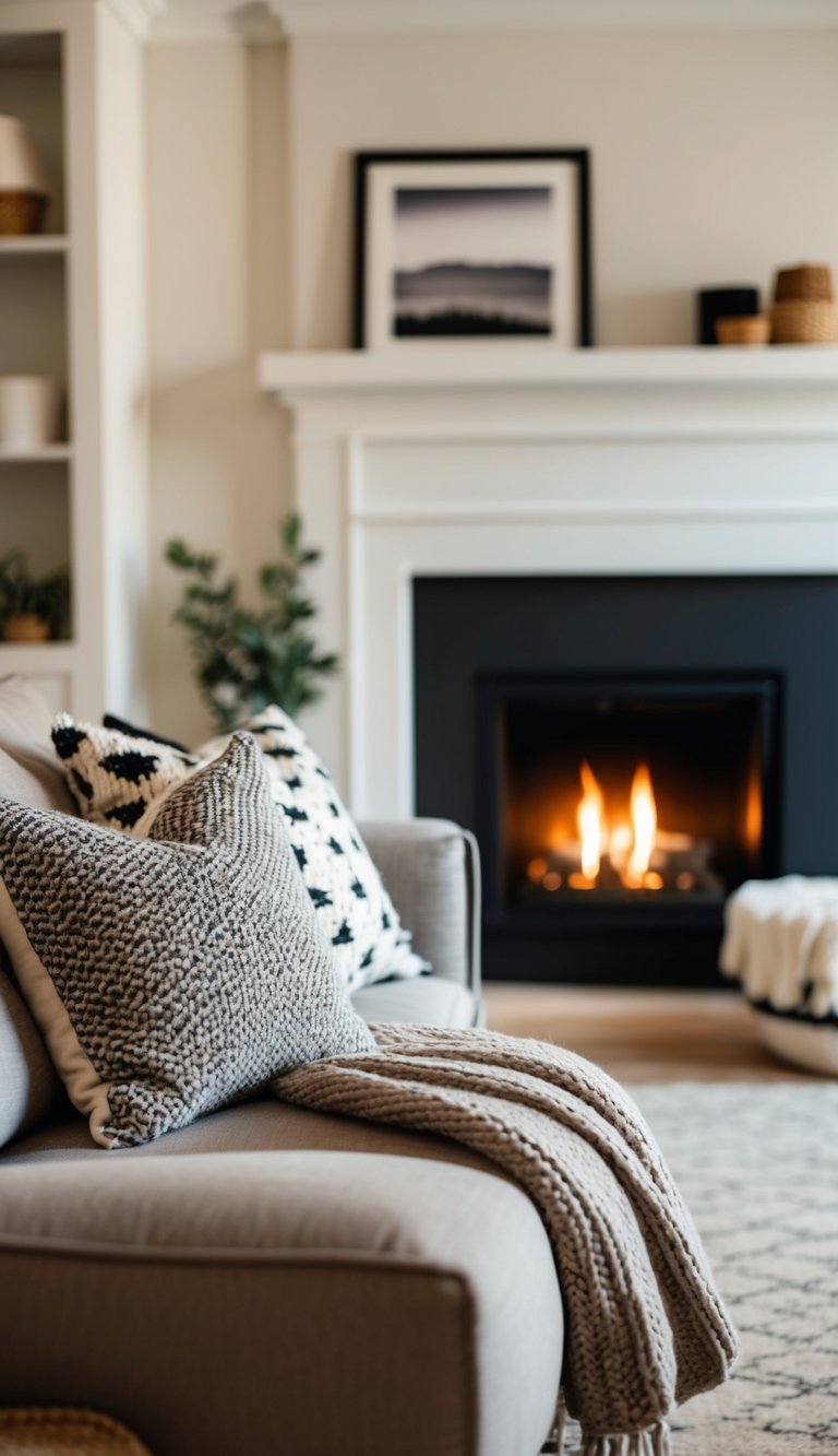 A cozy living room with a fireplace, soft knitted blankets, and patterned throw pillows. A warm, inviting space with a touch of Scandinavian style