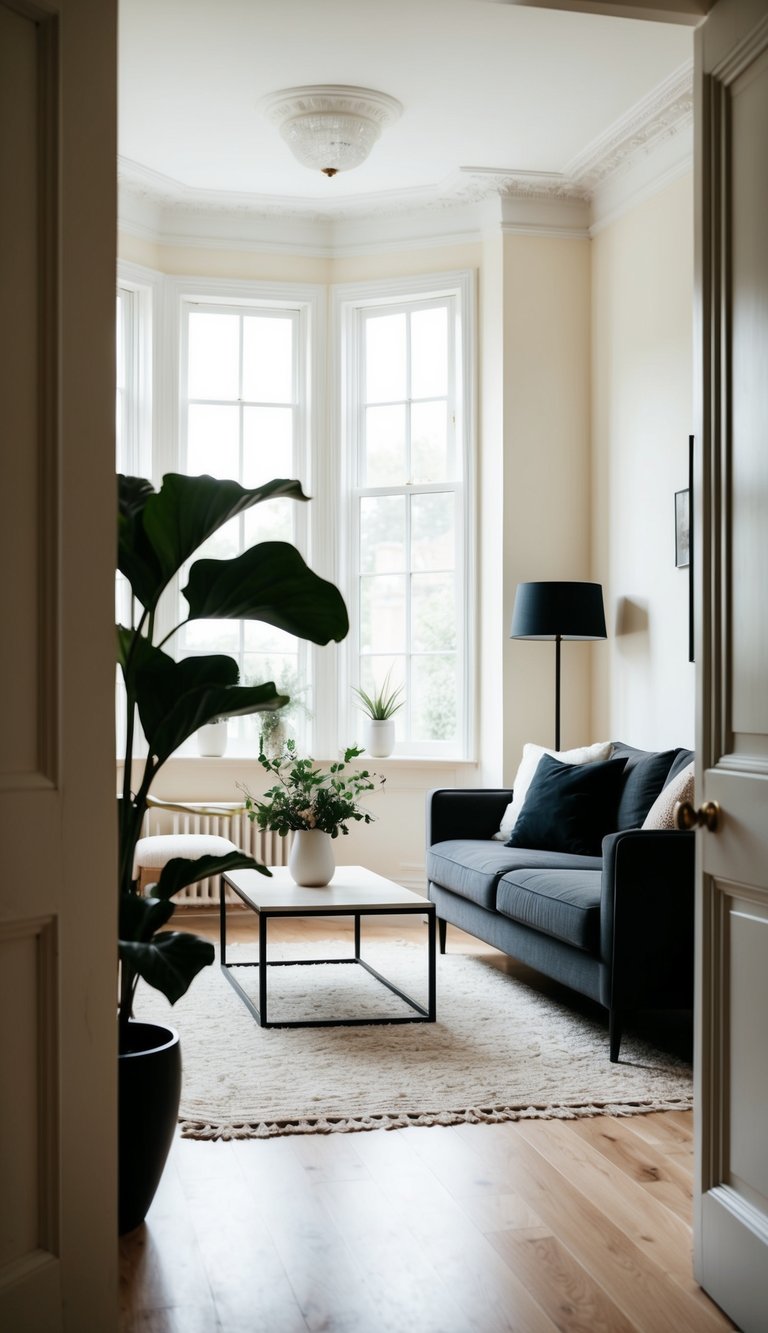 A cozy living room with creamy white walls and black details, featuring minimalist furniture and natural light streaming in through large windows