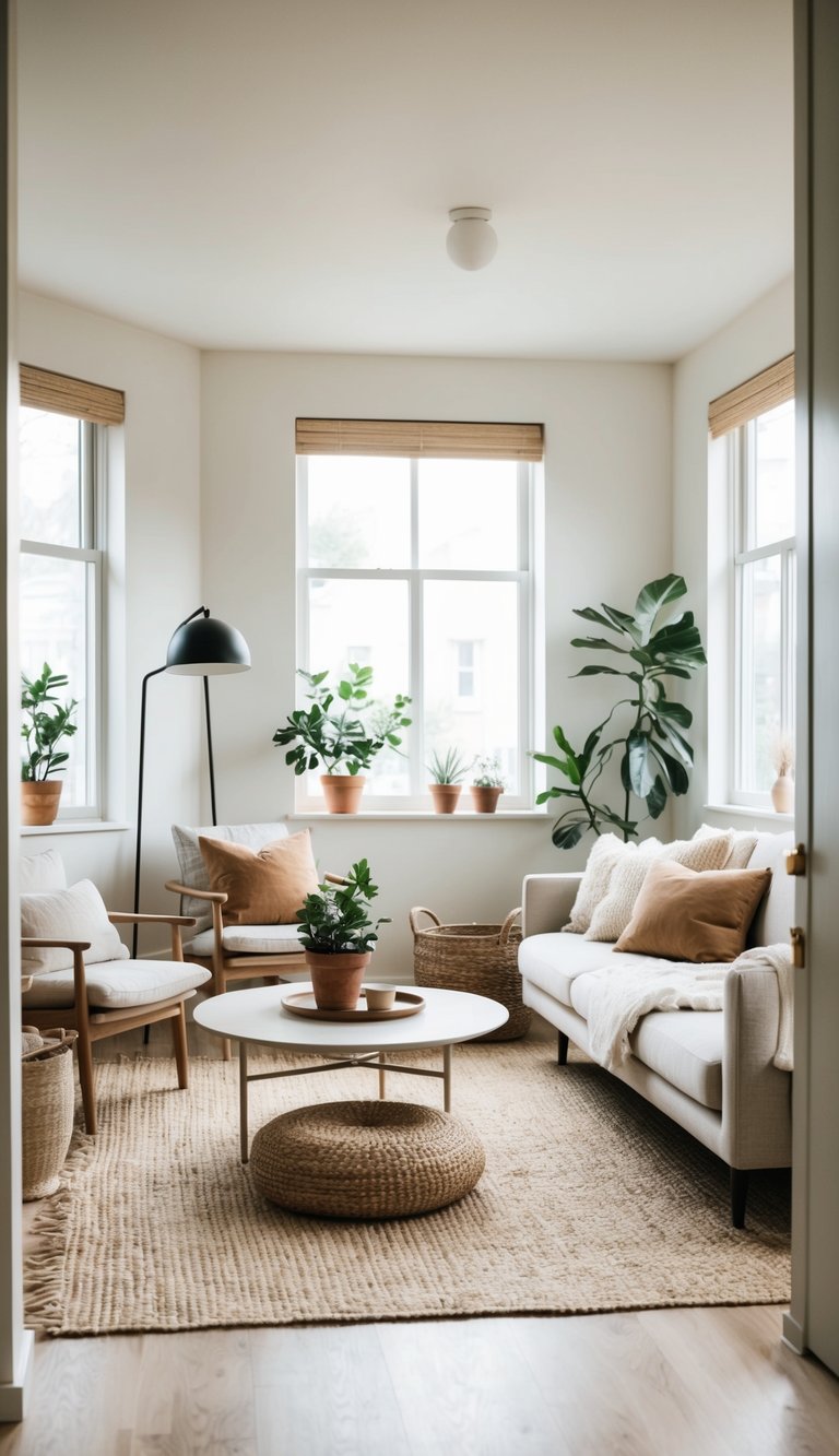 A cozy living room with minimalist furniture, neutral colors, and natural textures. Large windows let in plenty of natural light, and a few potted plants add a touch of greenery to the space