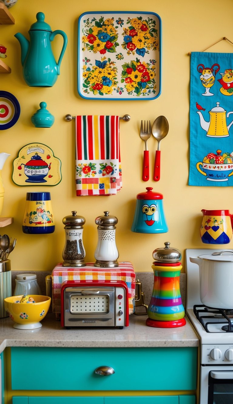 A colorful array of kitschy items adorns the kitchen: retro salt and pepper shakers, vintage tea towels, quirky utensil holders, and whimsical wall art