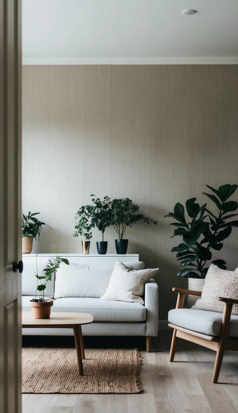 A cozy living room with a minimalist sofa, wooden coffee table, and plants against a textured linen finish wallpaper in a Scandinavian style home