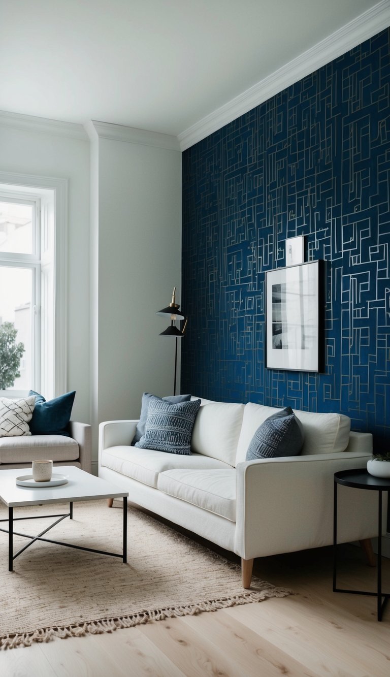 A cozy living room with minimalist furniture, light wood floors, and white walls adorned with midnight blue accent wallpaper featuring geometric patterns