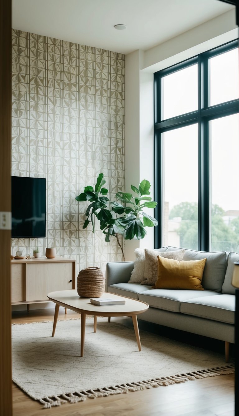 A cozy living room with a geometric-patterned wallpaper, minimalist furniture, and natural light streaming in through large windows