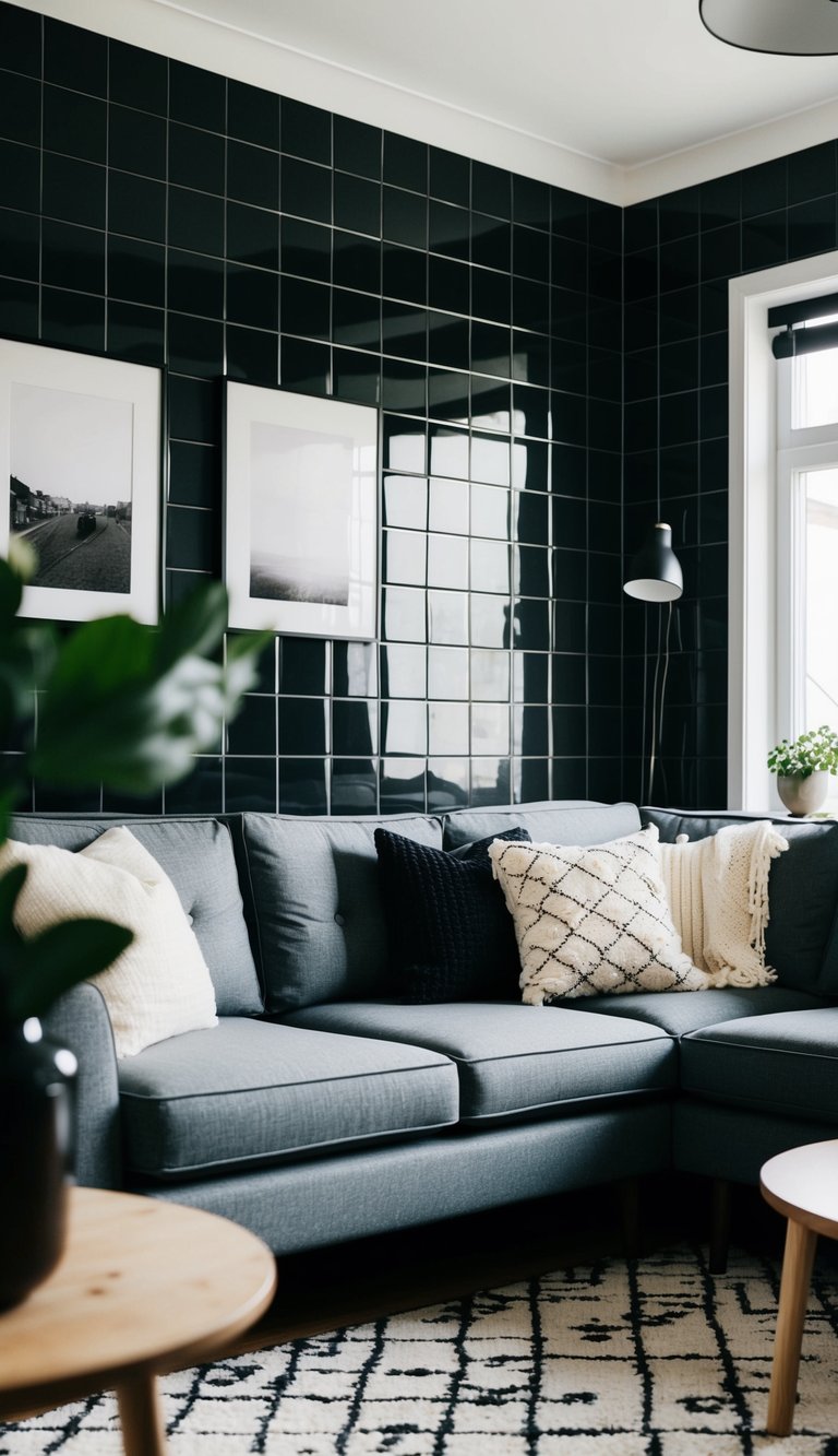 A cozy living room with a feature wall covered in monochrome Skandi tiles, complementing the Scandinavian style decor