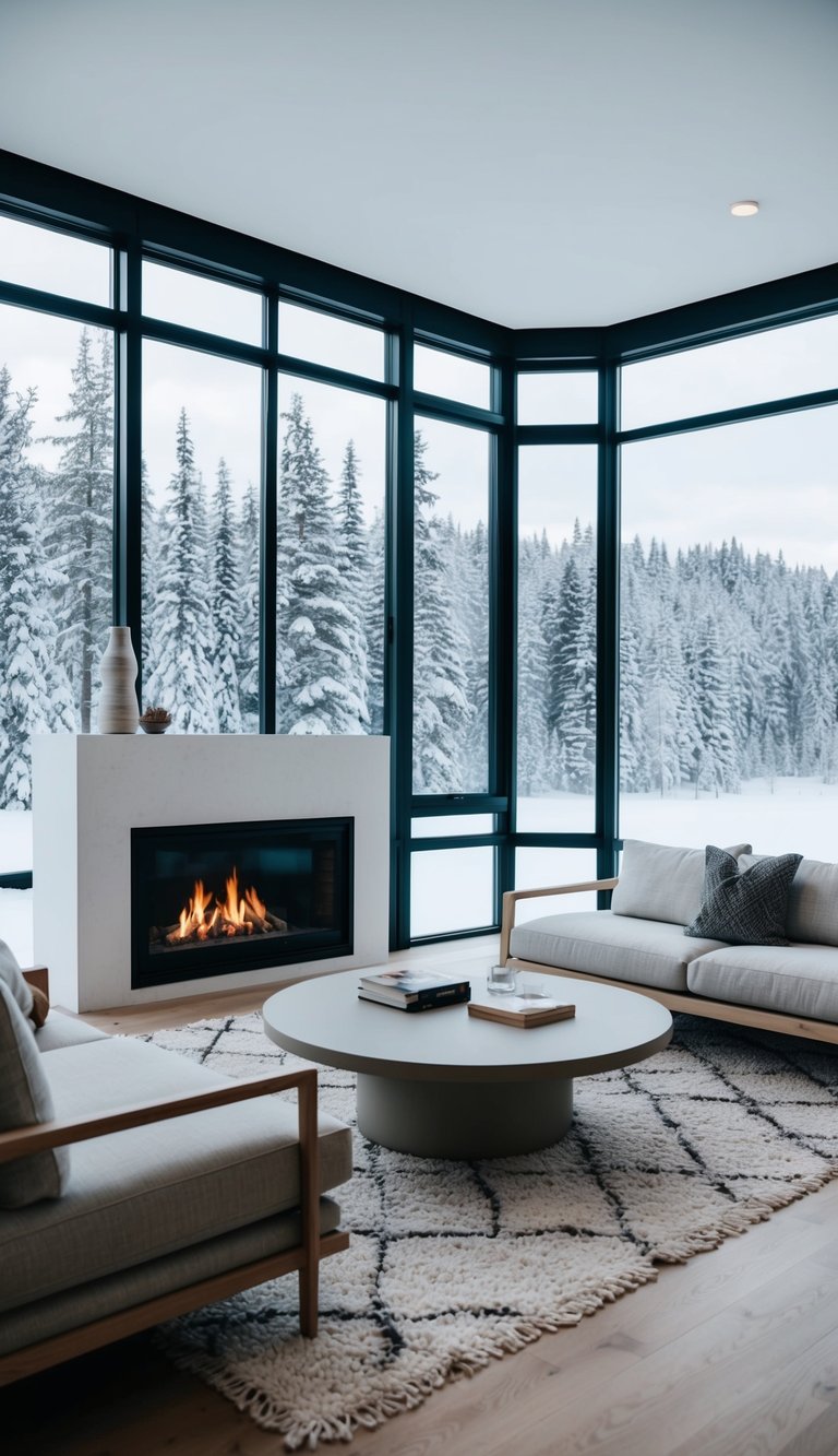 A cozy living room with minimalist furniture, a fireplace, and large windows overlooking a snowy forest