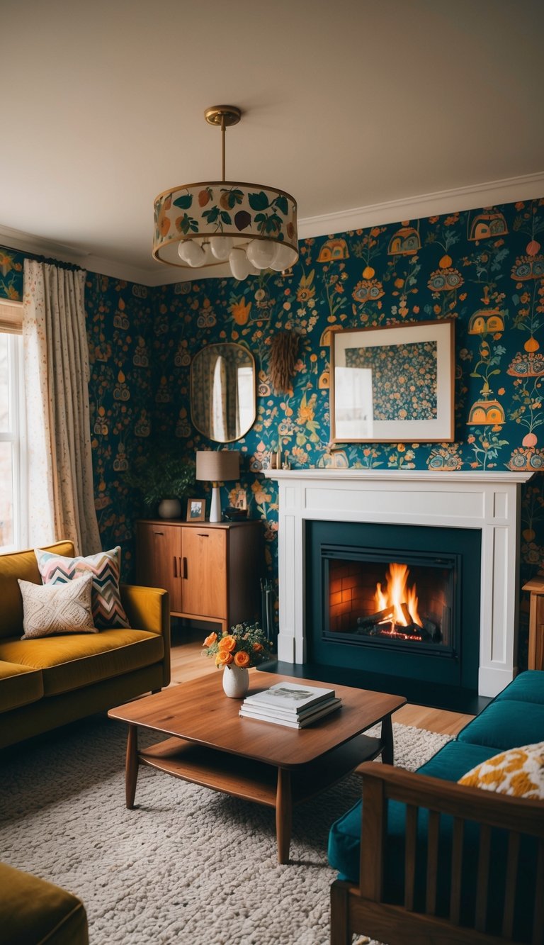 A cozy living room with a roaring fireplace, wooden furniture, and colorful vintage Scandinavian folk art wallpaper adorning the walls