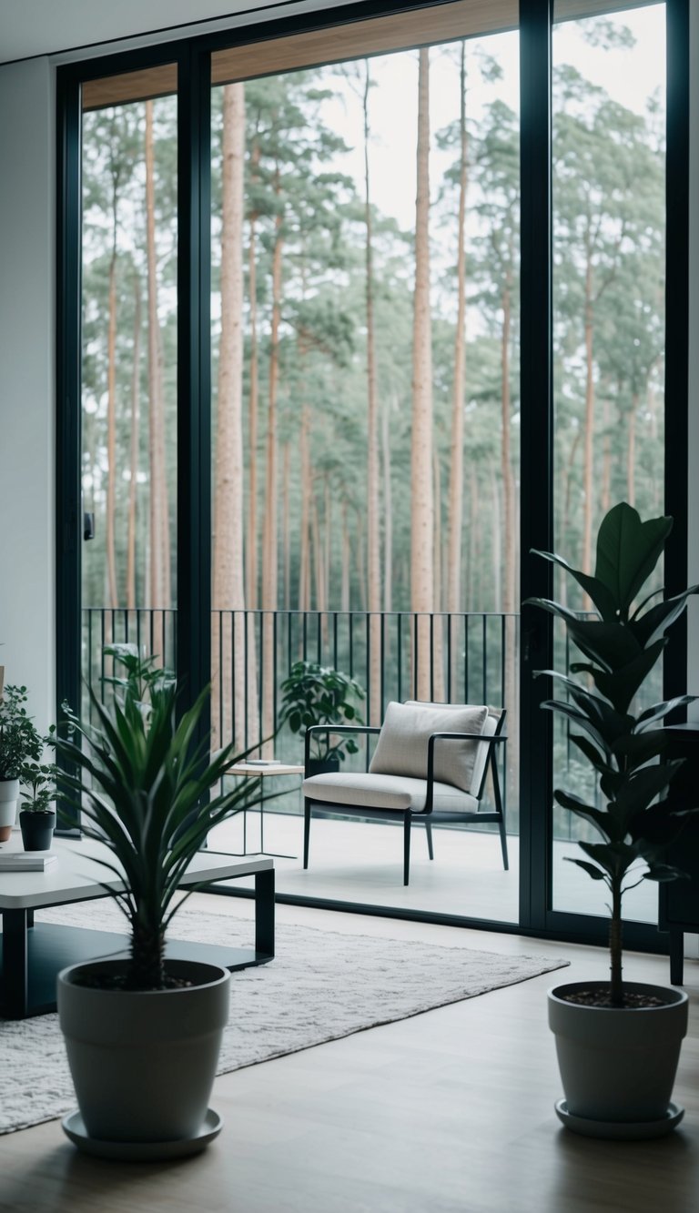 A minimalist living room with sleek furniture, potted plants, and a large window overlooking a serene forest