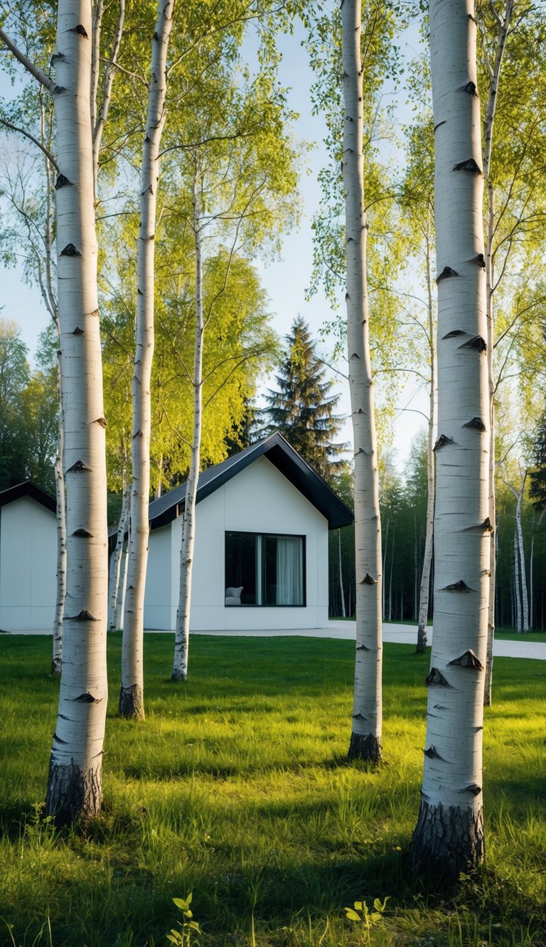 A serene birch tree forest with dappled sunlight and minimalistic Scandinavian-style home in the background