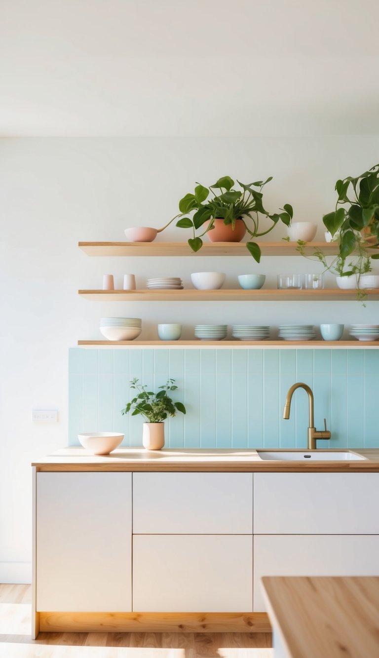 A clean, minimalist kitchen with light wood, neutral colors, simple lines, and natural textures. A mix of functional and decorative items, such as sleek tableware and cozy textiles, create a warm and inviting atmosphere