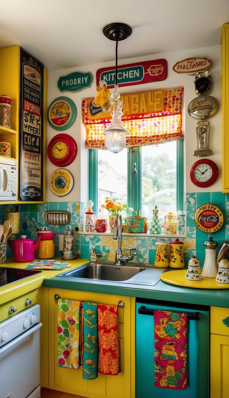 A colorful kitchen filled with quirky, retro-inspired decor items such as vintage signs, kitschy salt and pepper shakers, and whimsical tea towels