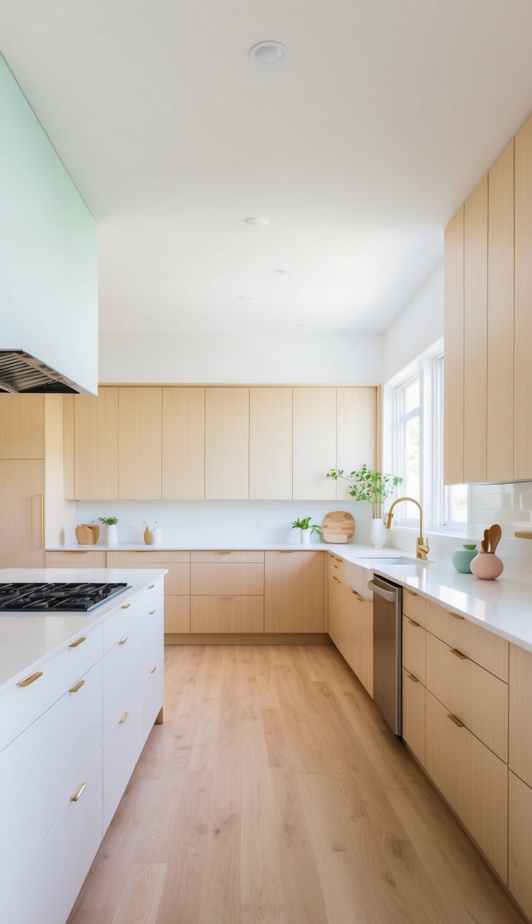 A bright, airy kitchen with clean lines and minimalistic furniture. Light wood cabinets, white countertops, and pops of pastel colors