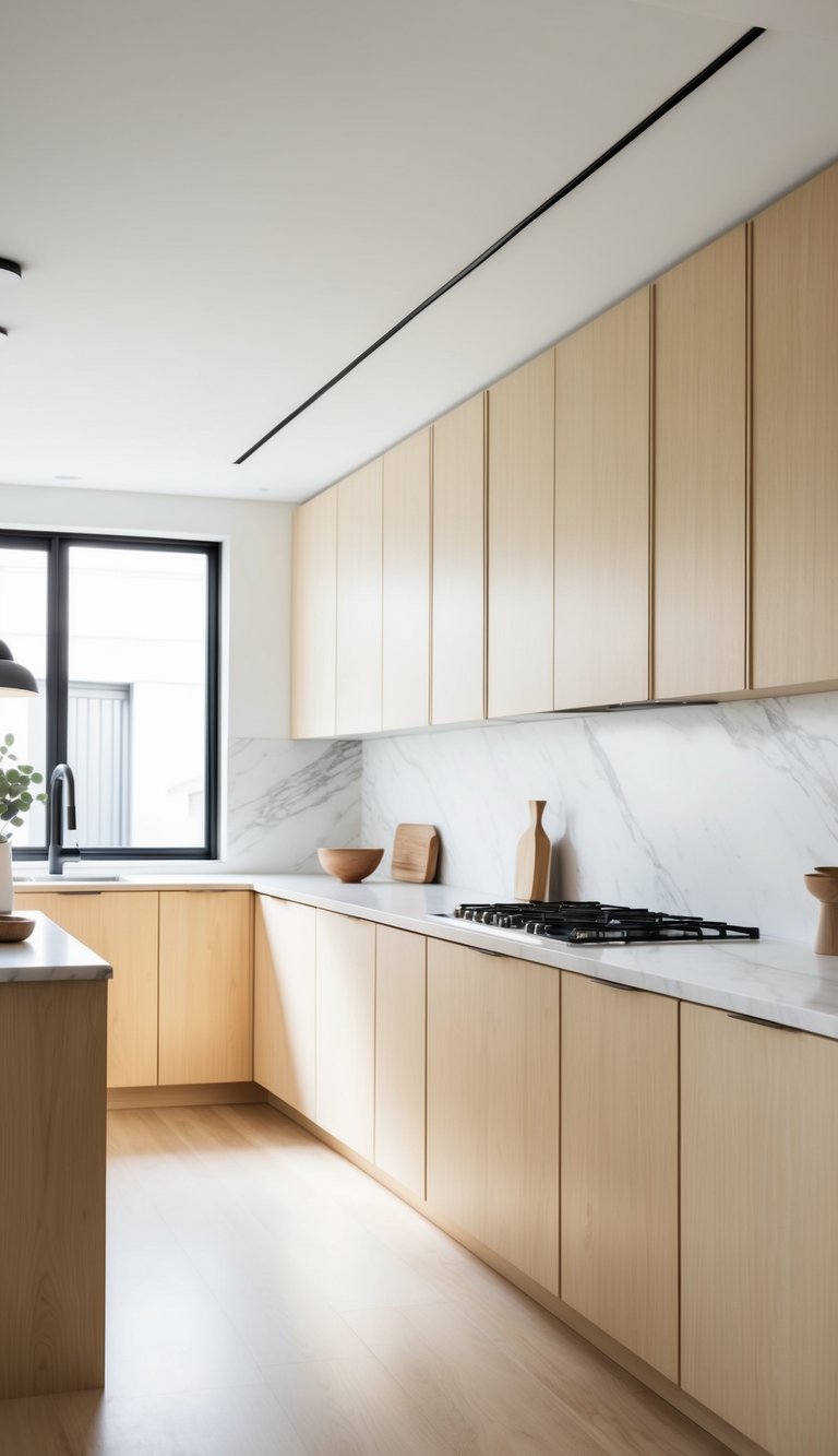 A bright, airy kitchen with clean lines, light wood cabinets, minimalist pendant lights, and natural materials like marble and stainless steel