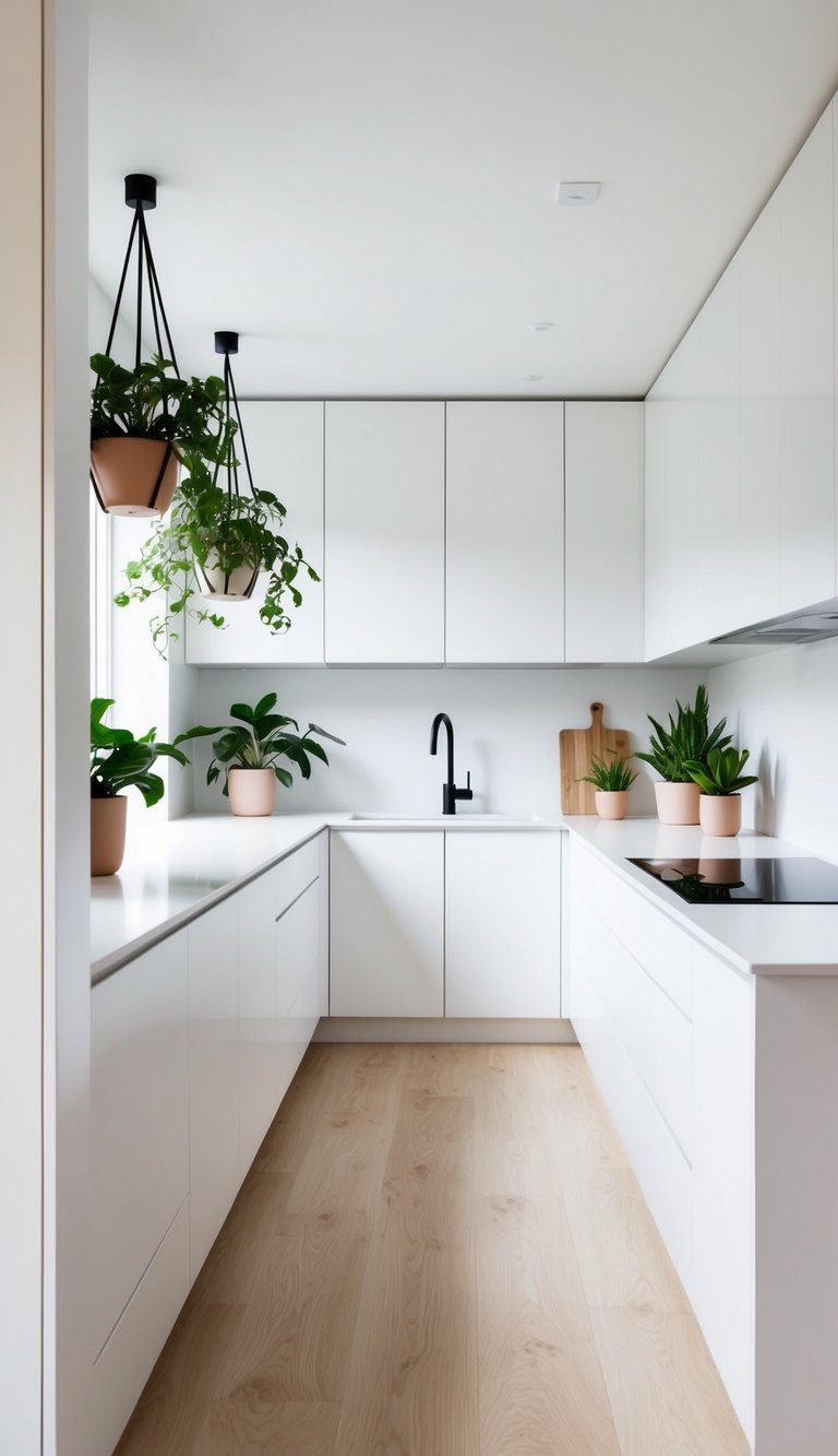 A bright, minimalist kitchen with sleek white cabinets and countertops, adorned with potted plants in clean, geometric planters. Light wood accents and simple, functional decor complete the Scandinavian aesthetic