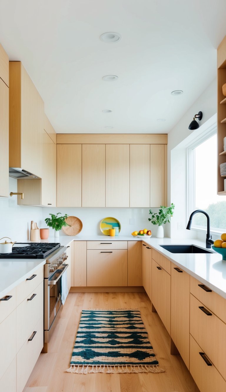 A bright, airy kitchen with light wood cabinets, clean lines, minimalistic decor, and pops of color in the form of textiles and ceramics