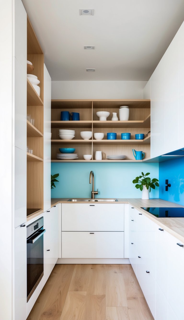 A bright, minimalist kitchen with clean lines, light wood shelves, and pops of blue and white accents. A mix of open and closed storage solutions with sleek, functional design