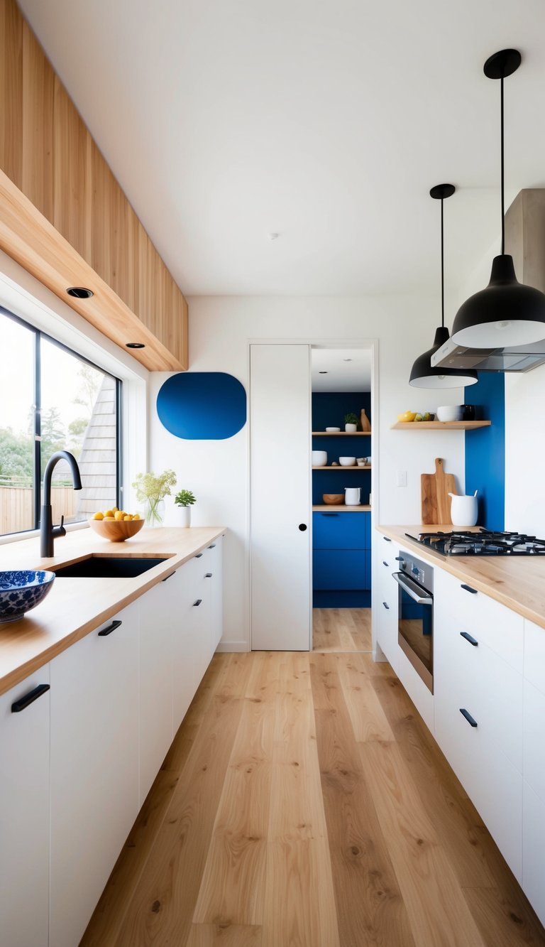 A bright, minimalist kitchen with clean lines, natural wood accents, and pops of blue and white. A mix of modern and traditional Scandinavian decor elements, such as sleek pendant lights and handcrafted ceramics, add warmth and personality to the space