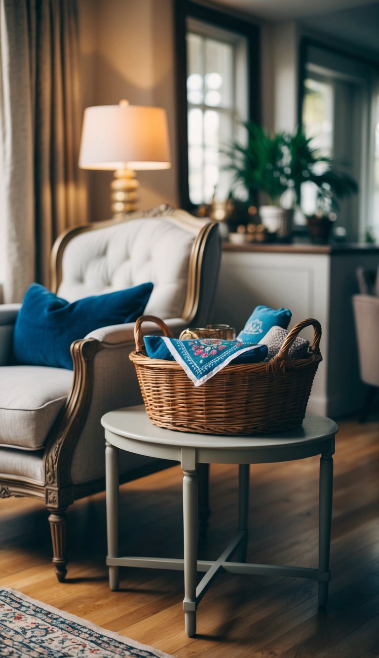 A cozy living room with a vintage armchair, a small table, and a basket filled with assorted items, including a custom embroidered handkerchief