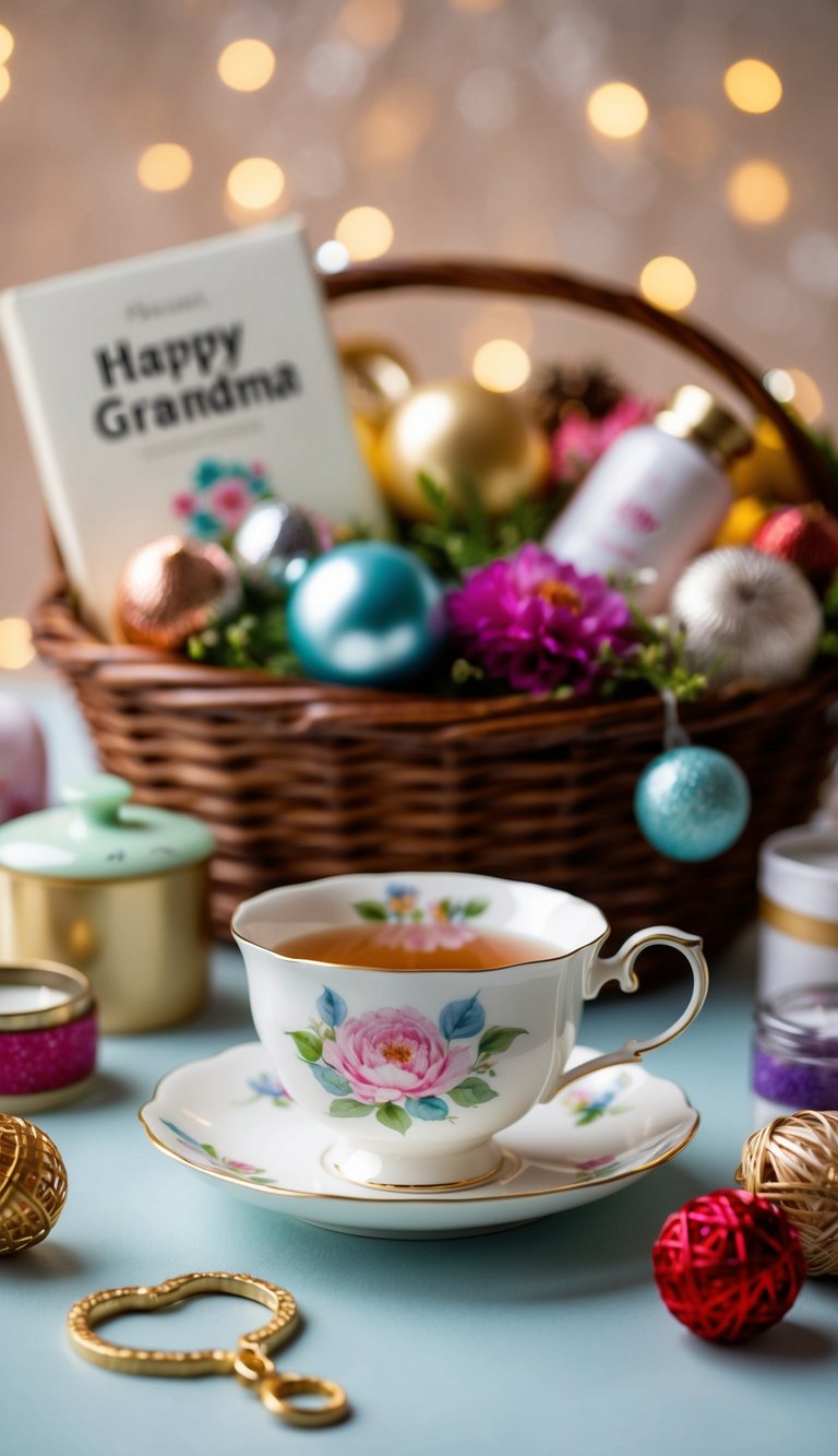 A delicate hand-painted tea cup surrounded by an assortment of carefully curated items for a thoughtful gift basket for grandma