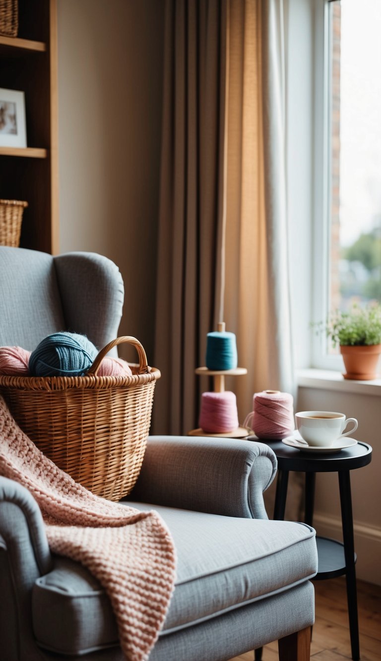 A cozy armchair with a knitting basket, yarn spools, and a cup of tea on a side table