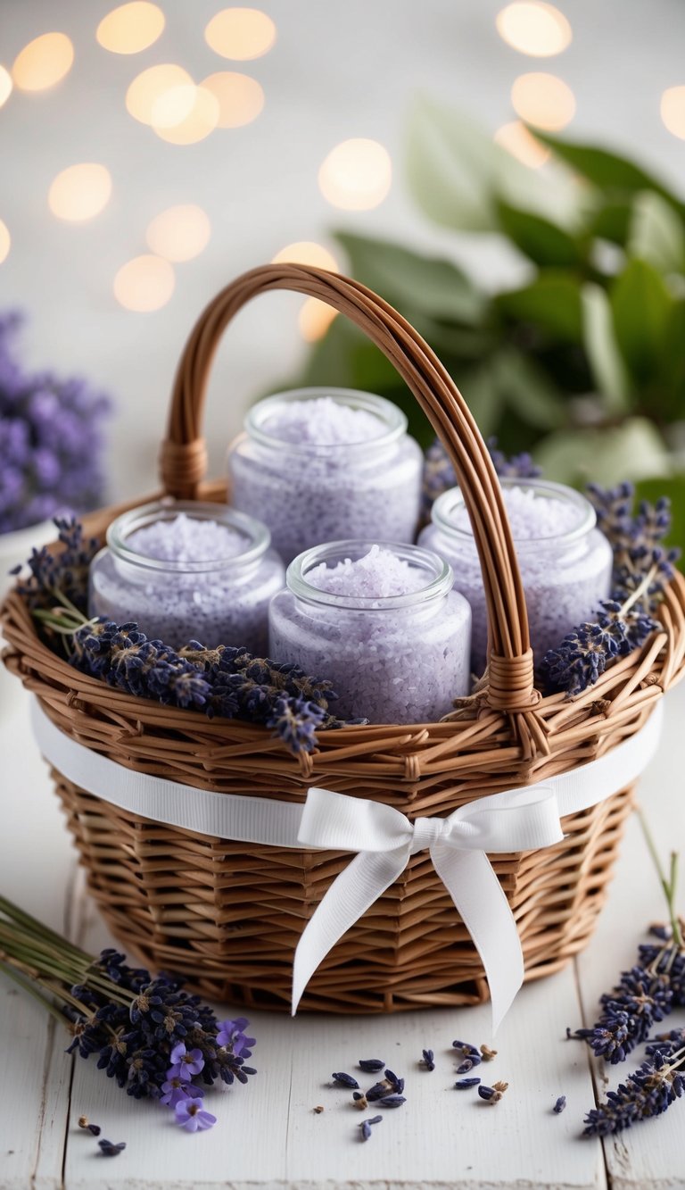 A wicker basket filled with lavender-scented bath salts, surrounded by dried lavender flowers and tied with a ribbon