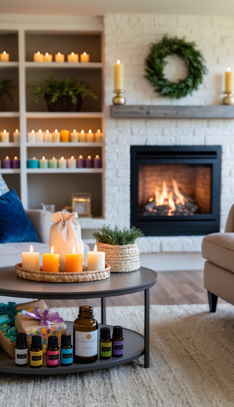 A cozy living room with a crackling fireplace, shelves lined with colorful soy candles, and a table displaying various essential oils and gift basket items for grandma