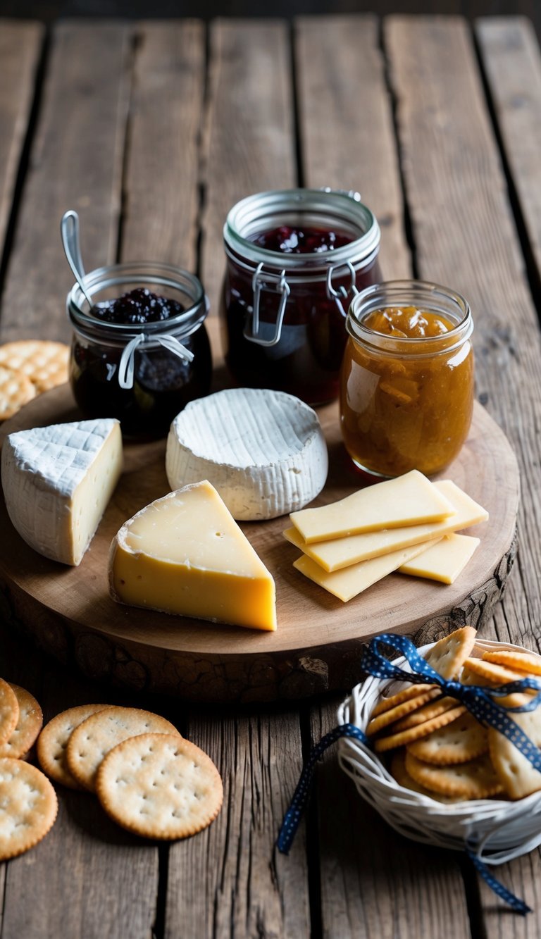 A rustic wooden table displays a variety of artisan cheeses, accompanied by jars of preserves and a selection of crackers. A ribbon-tied basket sits nearby, ready for gifting