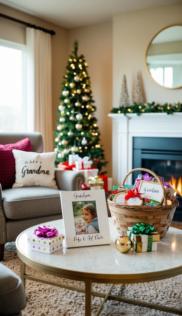 A cozy living room with a fireplace, a comfortable armchair, and a table adorned with a personalized photo frame surrounded by a variety of gift basket items for grandma