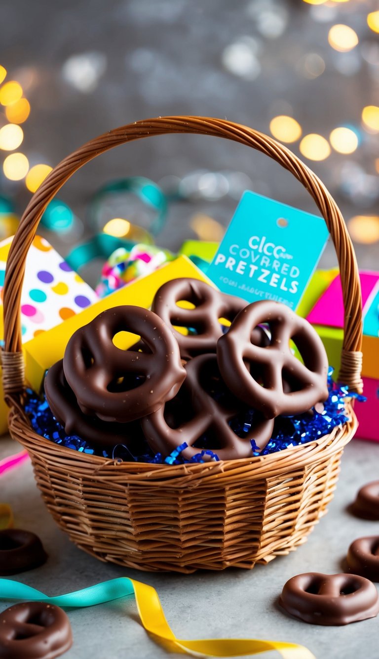 A wicker basket filled with gourmet chocolate-covered pretzels, surrounded by colorful packaging and decorative ribbons