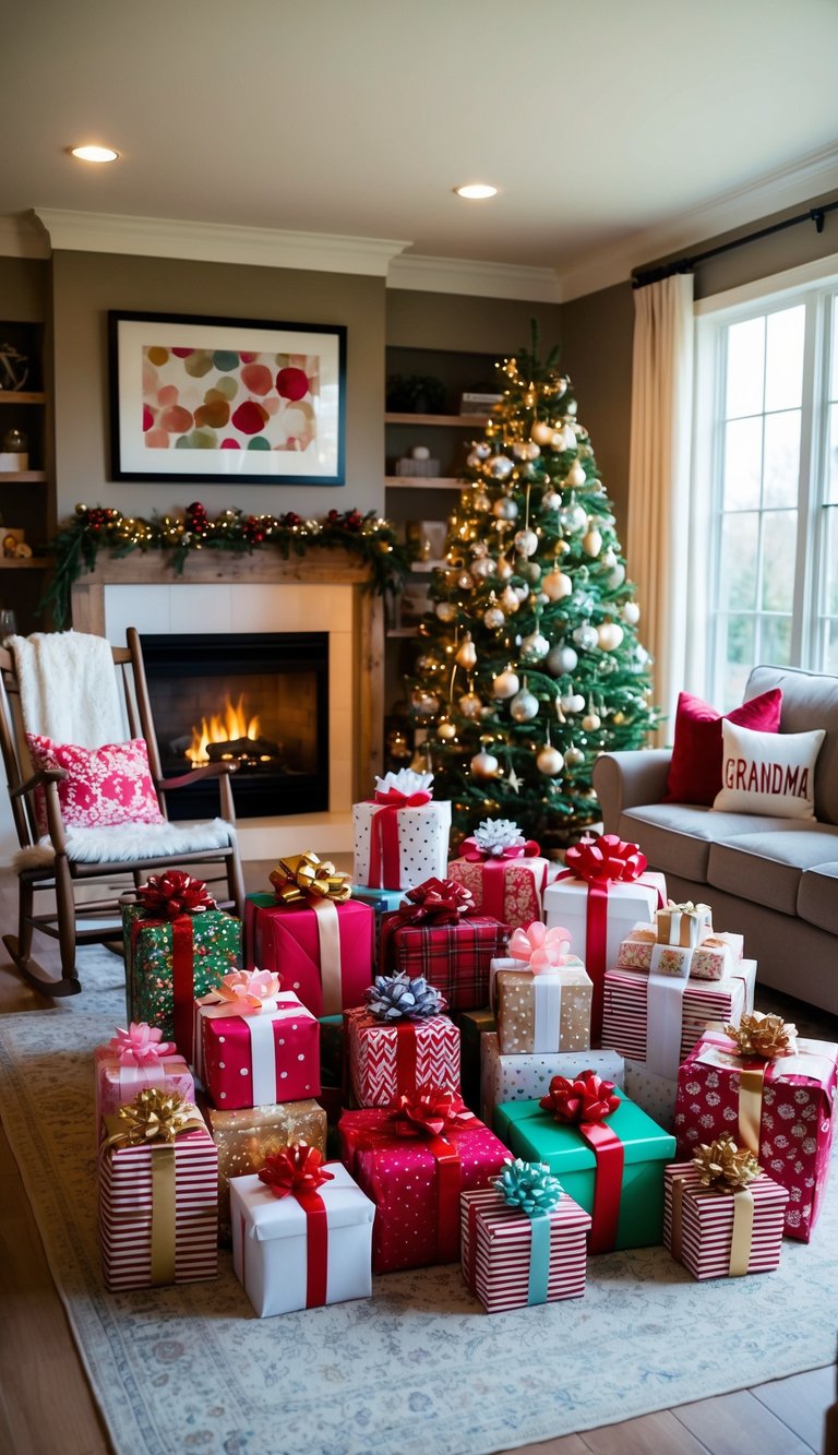 A cozy living room with a fireplace, a rocking chair, and a table filled with 17 beautifully wrapped gift baskets for grandma