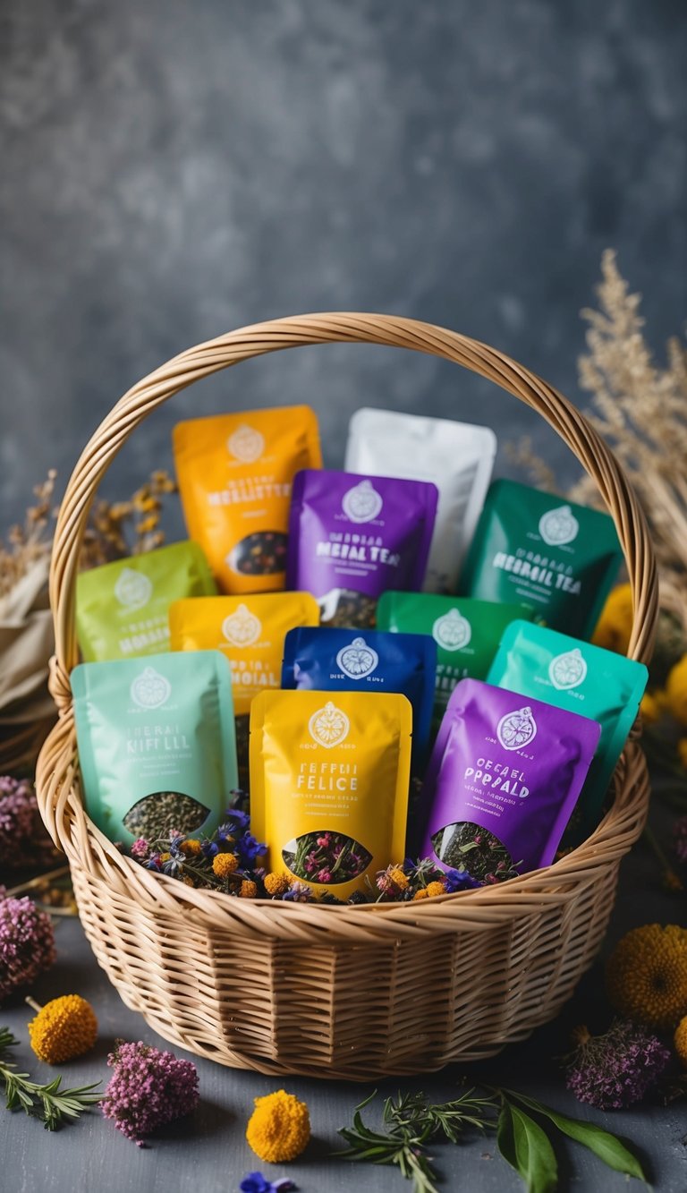 A wicker basket filled with an array of colorful and aromatic herbal tea packages, surrounded by dried flowers and foliage