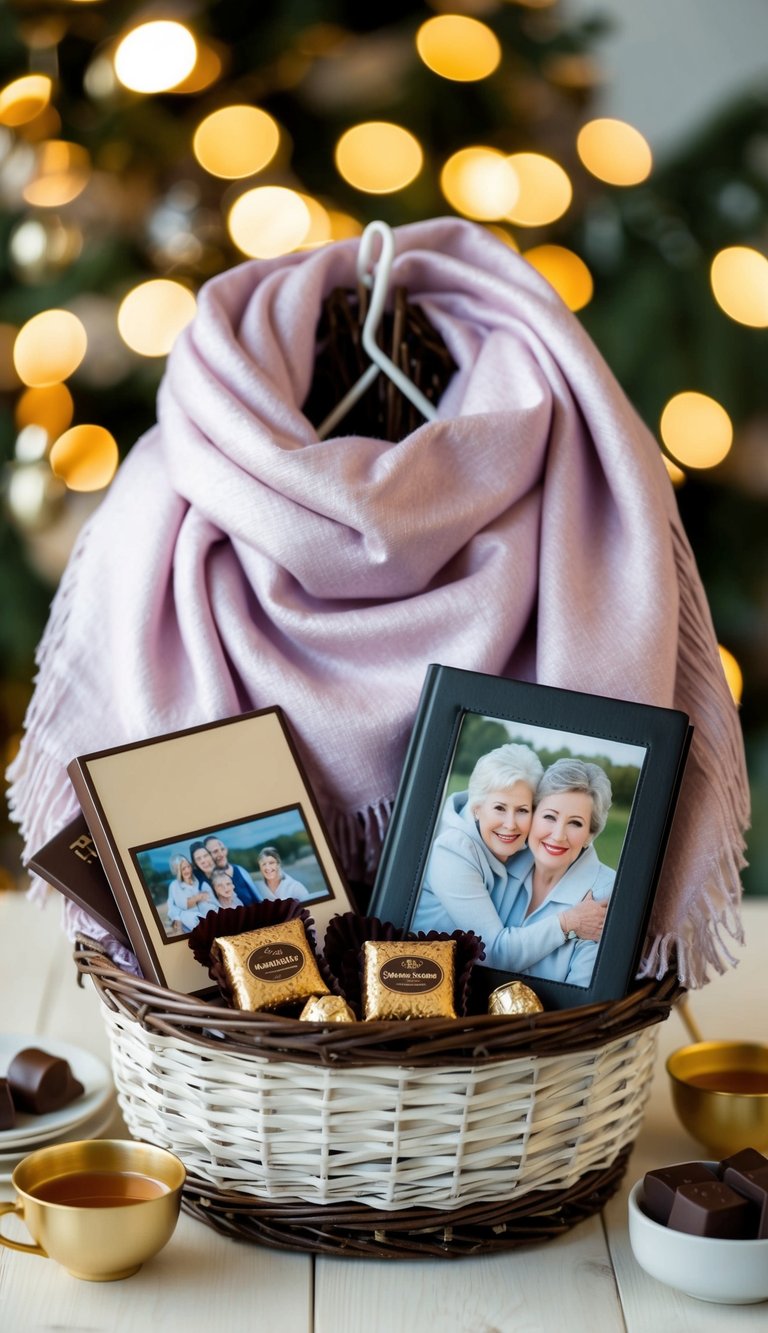 A cozy pashmina scarf surrounded by a variety of items like tea, chocolates, and a photo album, arranged in a decorative gift basket for grandma