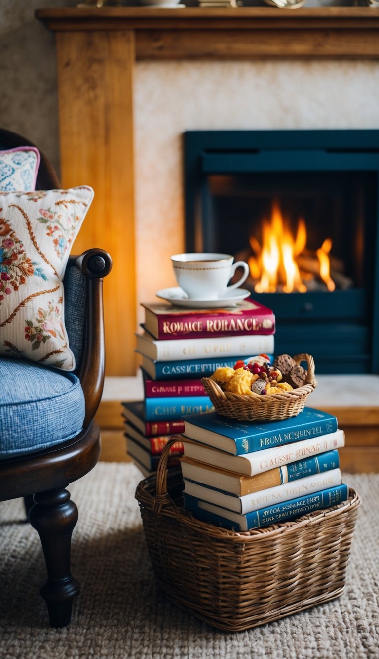 A cozy armchair by a fireplace, surrounded by a stack of classic romance novels, a cup of tea, and a basket filled with assorted goodies