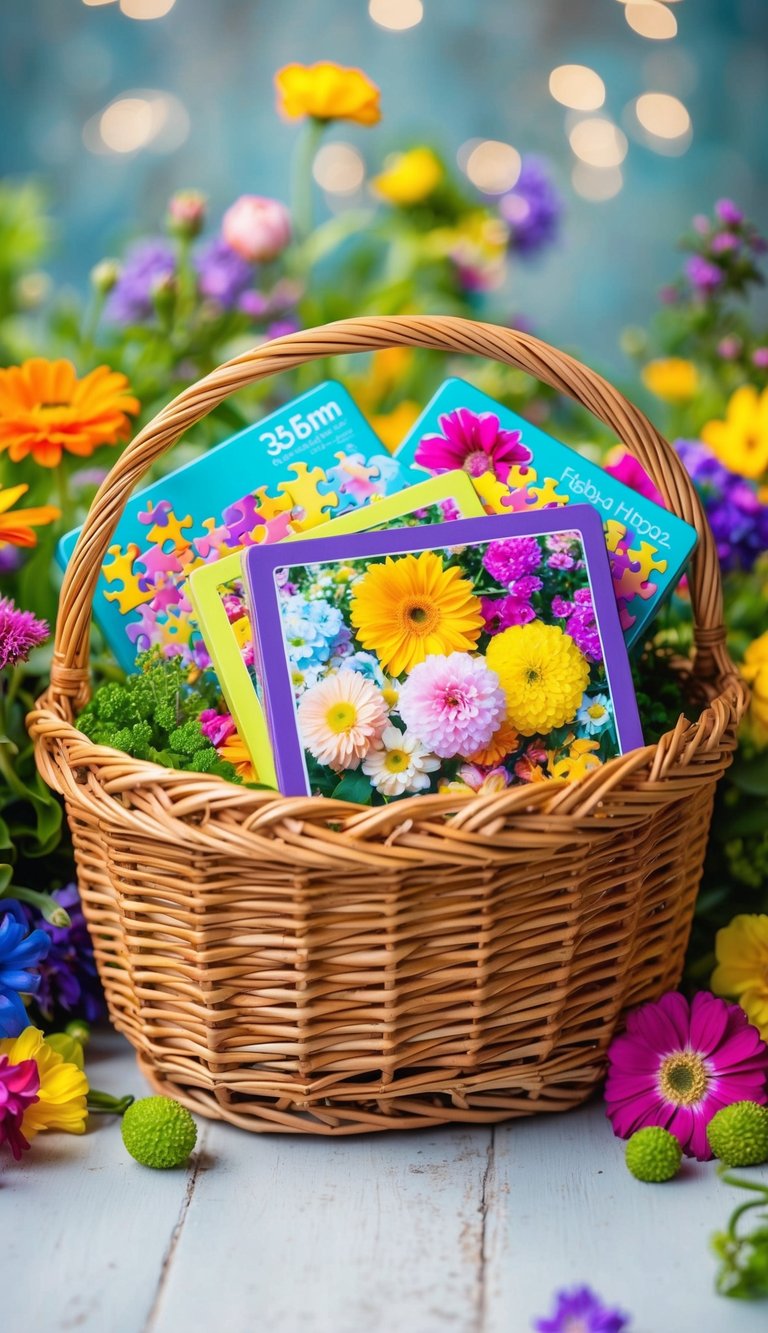 A wicker basket filled with vibrant floral-themed puzzles, surrounded by colorful flowers and greenery